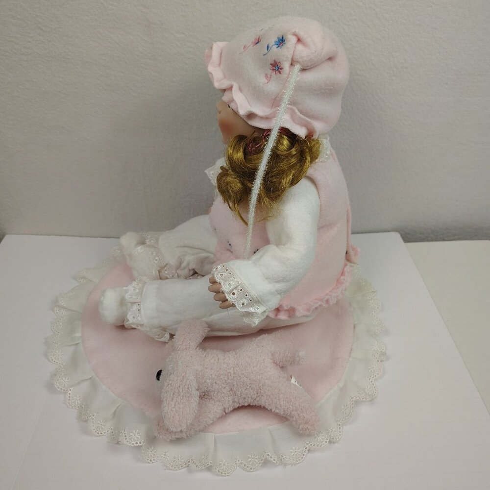 Vintage Porcelain Doll Wintac Enterprise Co. Baby Girl Blond Pink Dog - Picture 2 of 16